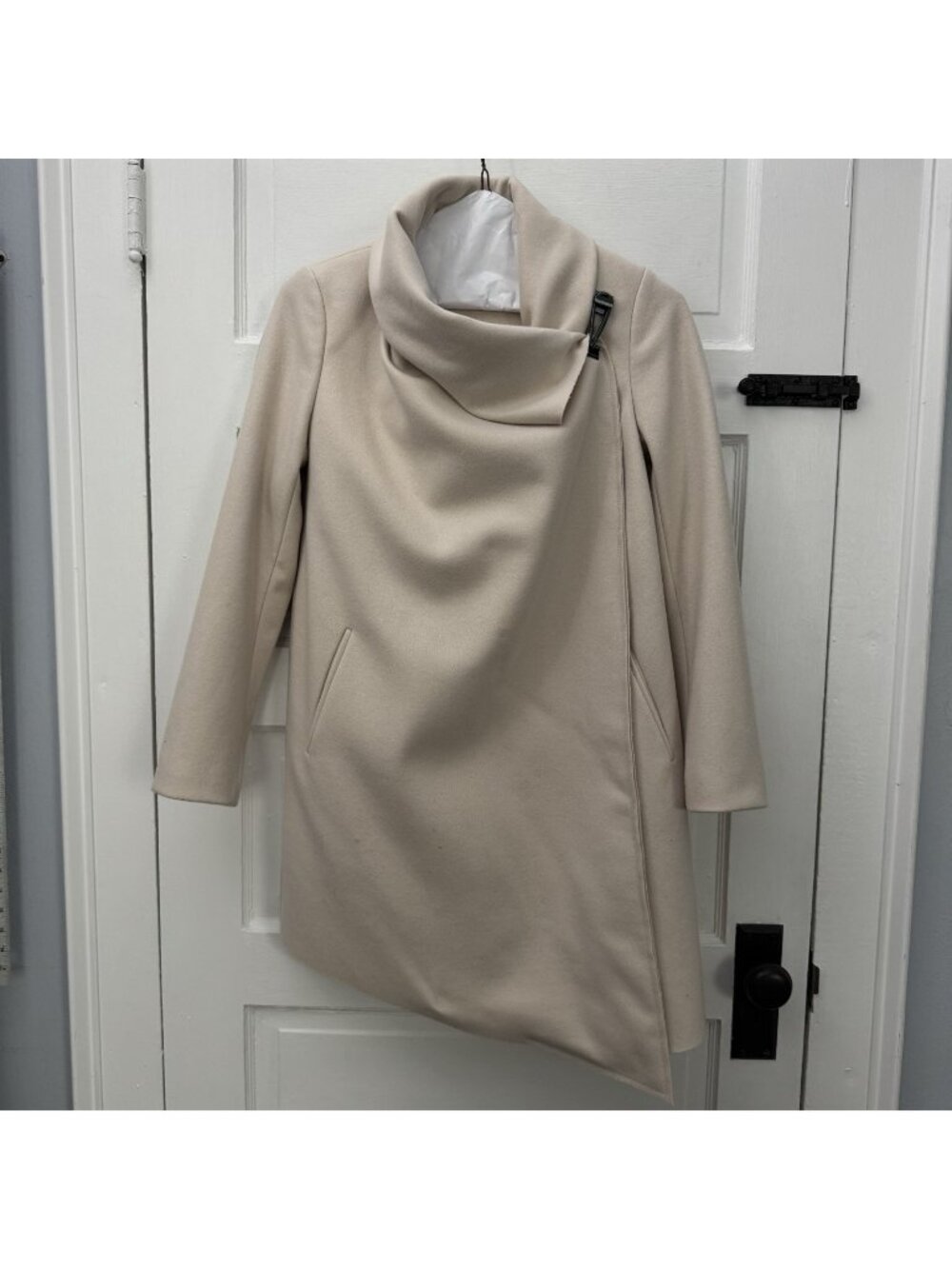 AllSaints City Monument Wool Coat Women’s 2 Ivory Asymmetric Funnel Neck FLAWS